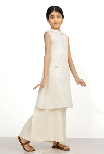 Set of 2: Snow White Cotton Anarkali Kurti with Flared Pants
